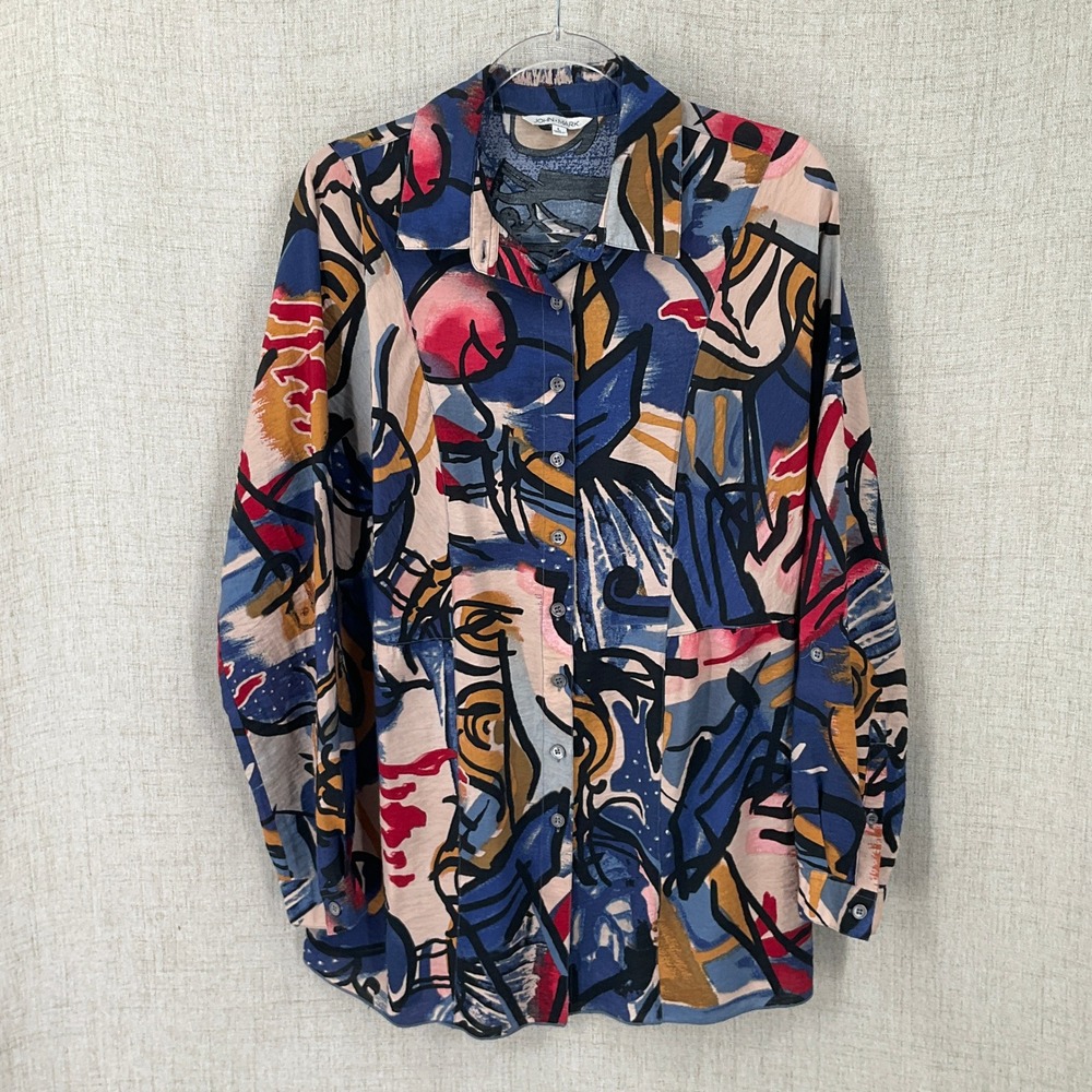 John Mark Button Up Shirt Womens Large Multi Color Abstract Art to Wear Boho